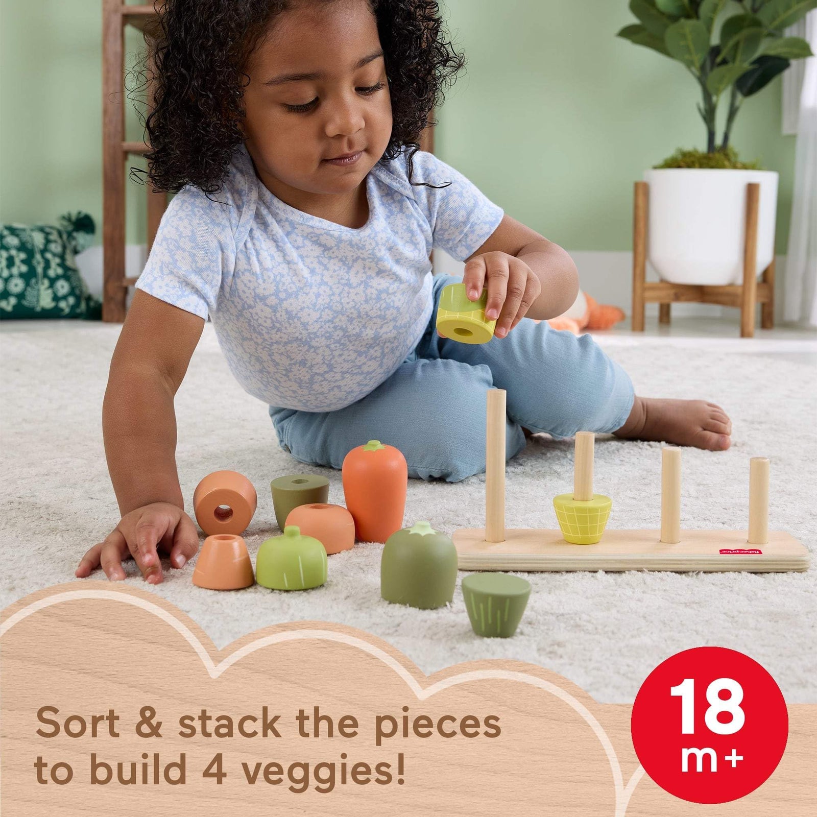 Fisher-Price Wood Toddler Toy Veggie Stacker, Tiny Garden Wooden Sorting & Stacking Activity for Preschool Kids Ages 18+ Months (Amazon Exclusive)