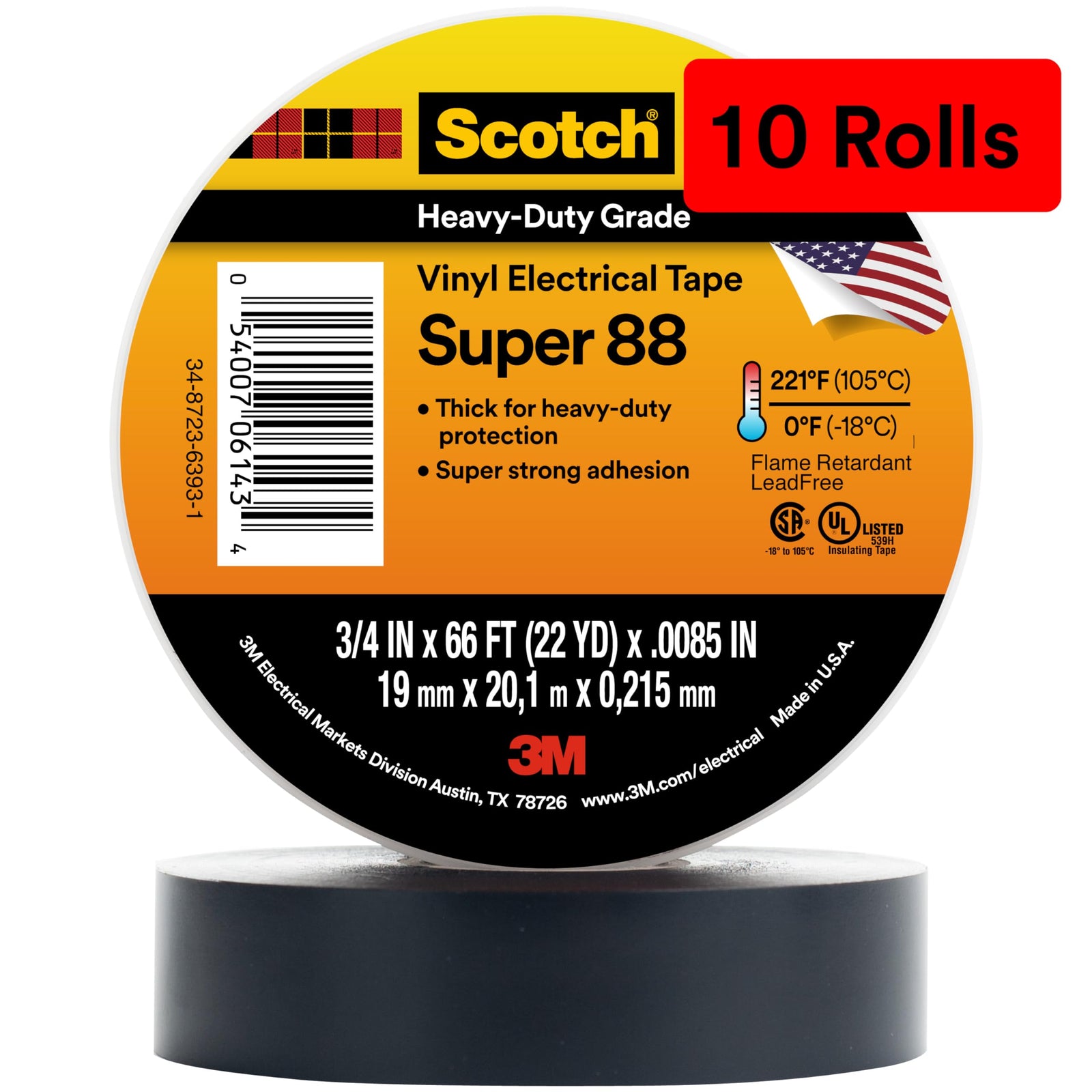 3M Scotch Vinyl Electrical Tape Super 88, 1-1/2 in x 36 yd (108 ft), Black, 1 Long Roll, Premium Grade, Rubber Resin Adhesive, PVC Backing, All-Season Heavy Duty Electric Tape
