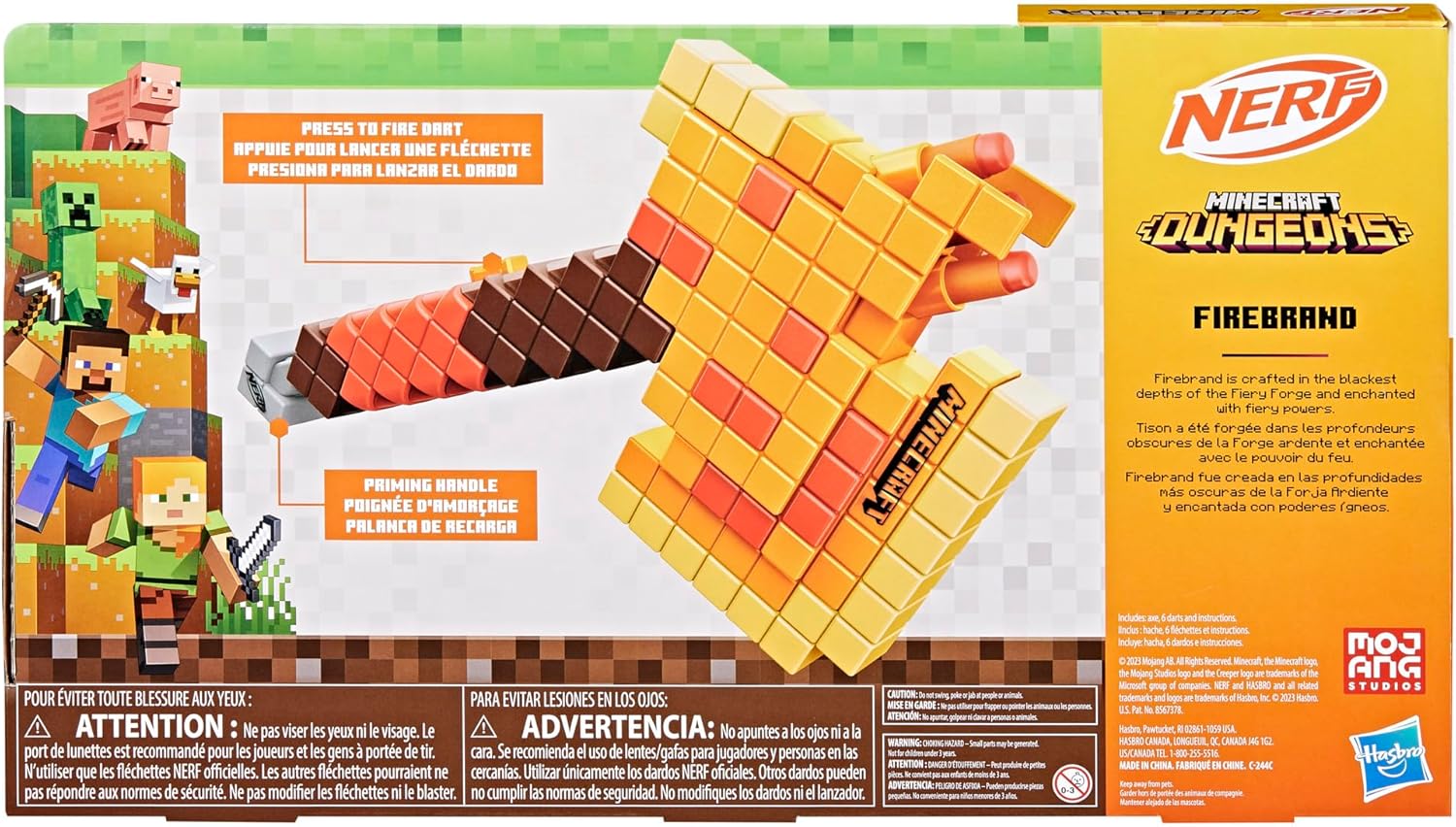 Nerf Minecraft Firebrand, Dart Blasting Axe, 6 Nerf Elite Foam Darts, Design Inspired by Minecraft Axe in The Game, Pull Down Priming, Minecraft Toys