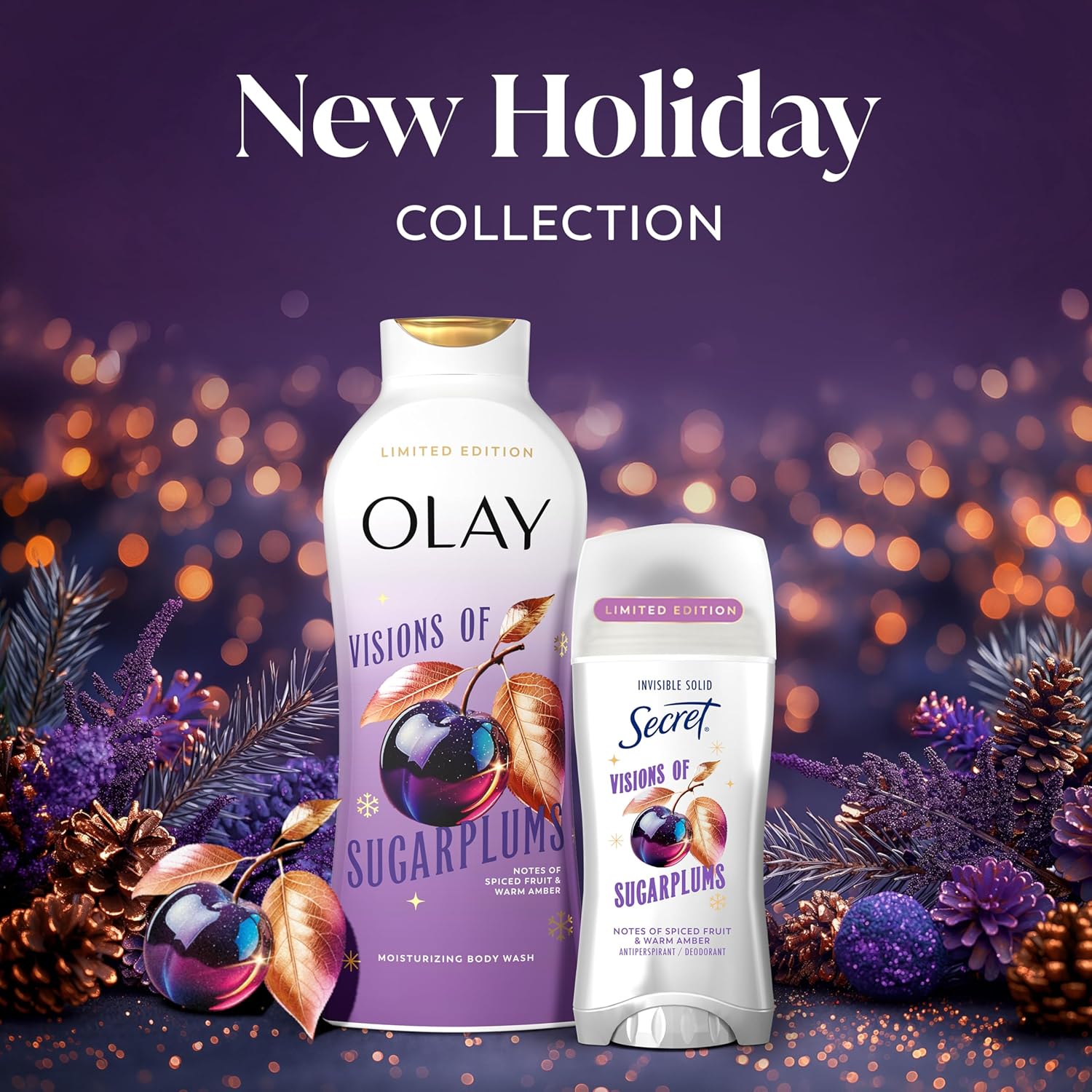 Olay Body Wash for Women, Hydrating & Moisturizing, Holiday Edition, With Plant Based Cleansers, B3 Complex, For All Skin Types, Visions of Sugarplums with Spiced Fruit & Warm Amber Scent, 22 fl oz