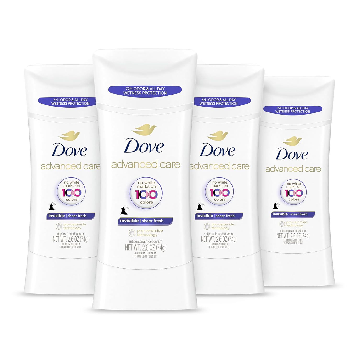 Dove Advanced Care Antiperspirant Deodorant Stick Cool Essentials 4 ct for helping your skin barrier repair after shaving 72 hour odor control and sweat protection with Pro Ceramide Technology 2.6 oz