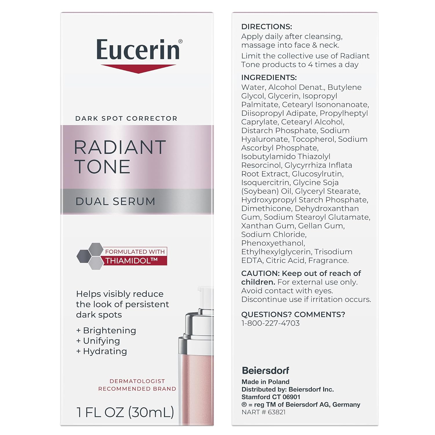 Eucerin Radiant Tone Dual Serum Dark Spot Corrector, Dark Spot Serum with Thiamidol and Hyaluronic Acid, Helps Visibly Reduce the Look of Persistent Dark Spots, 1 Fl Oz Bottle