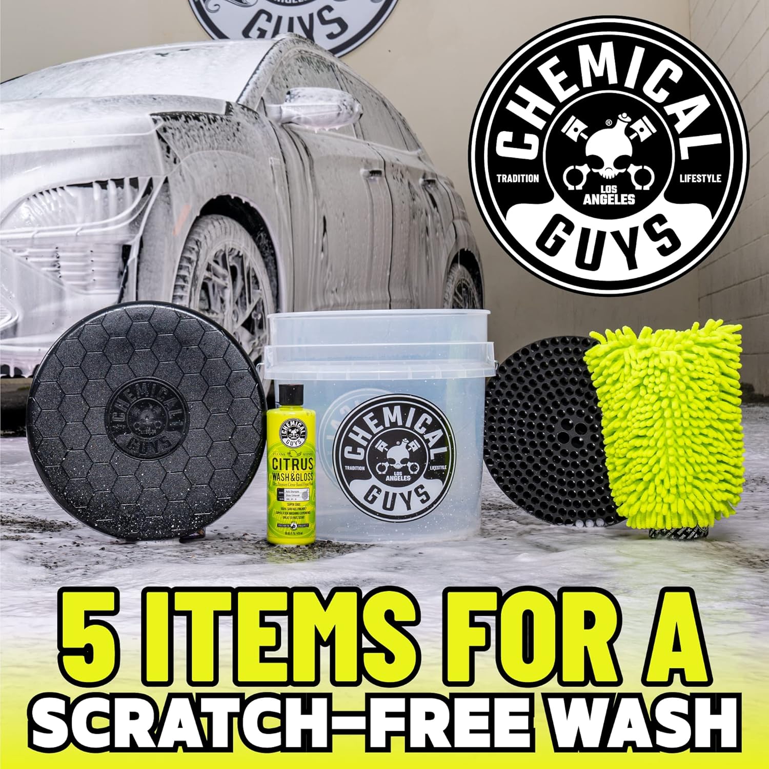 Chemical Guys Ultimate Scratch-Free Detailing Car Wash Bucket Kit with Accessories, Car Detailing Kit With Dirt Trap, Wash Mitt, Lid, and 16 oz Soap, Safe For Trucks, SUVs, Motorcycles, RVs