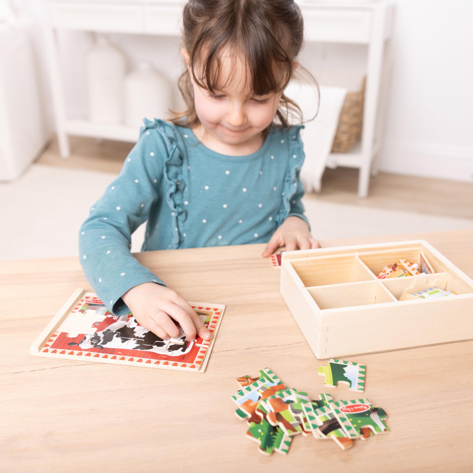 Melissa & Doug 4‑in‑1 Wooden Construction Vehicles Jigsaw Puzzle Set, 48 Pieces with Storage Box, Toddler Puzzle Toy for Kids Ages 3+ - FSC Certified