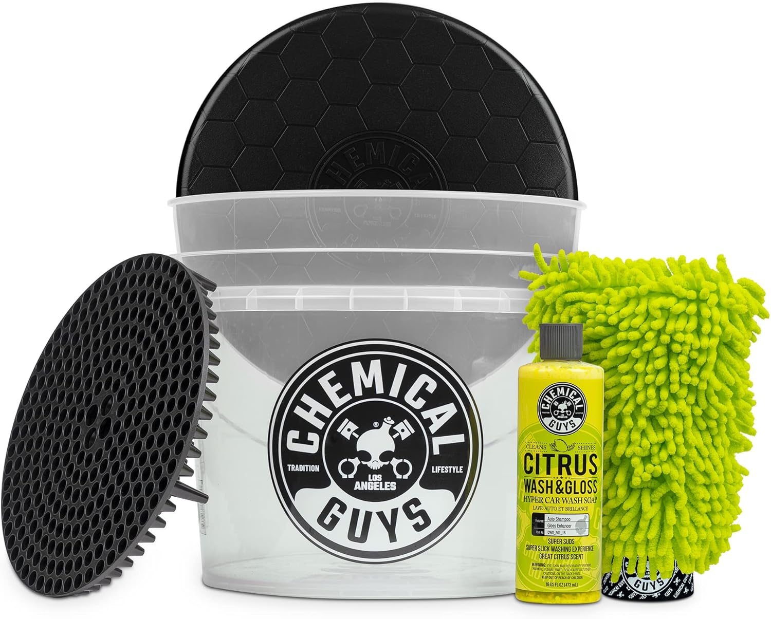 Chemical Guys Ultimate Scratch-Free Detailing Car Wash Bucket Kit with Accessories, Car Detailing Kit With Dirt Trap, Wash Mitt, Lid, and 16 oz Soap, Safe For Trucks, SUVs, Motorcycles, RVs