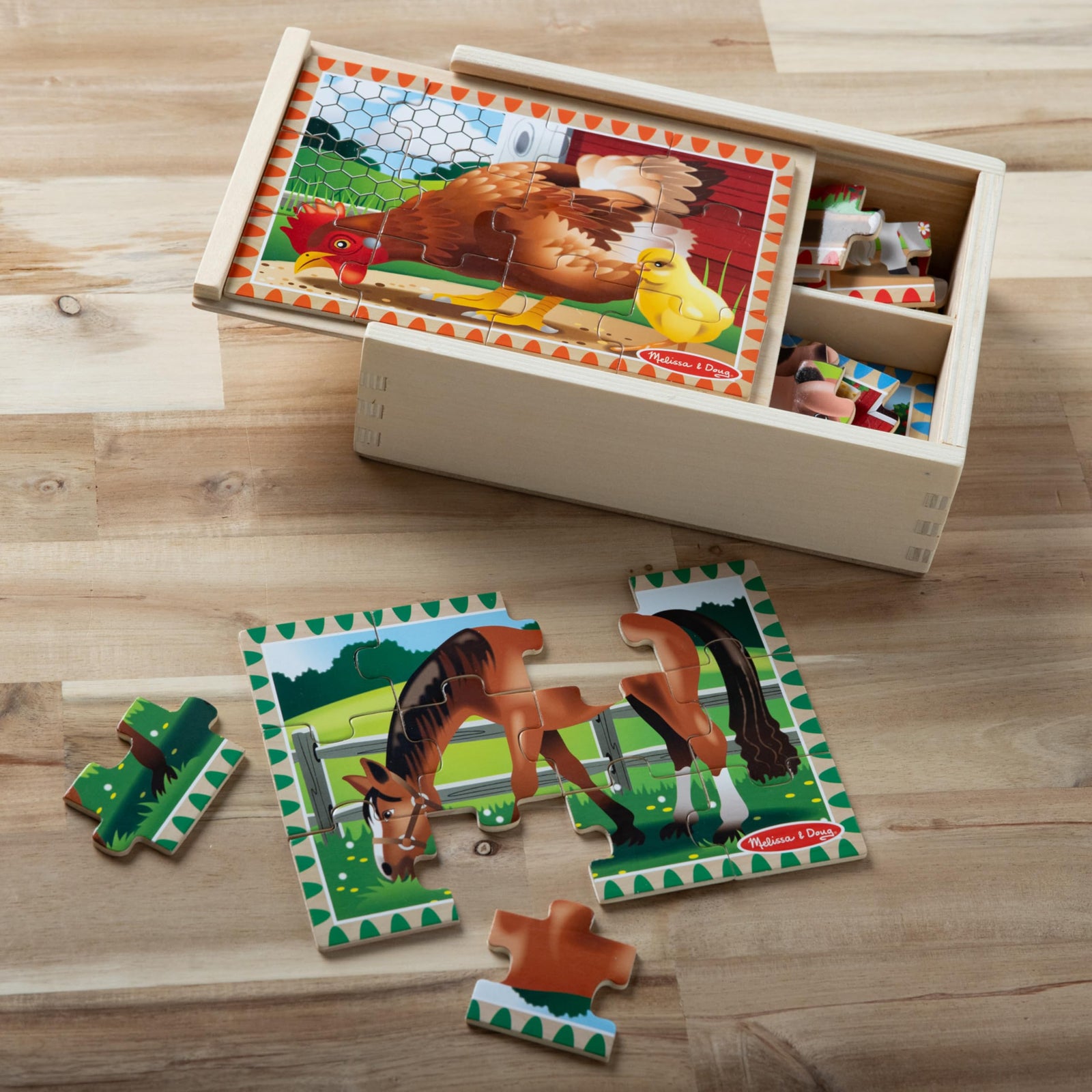 Melissa & Doug 4‑in‑1 Wooden Construction Vehicles Jigsaw Puzzle Set, 48 Pieces with Storage Box, Toddler Puzzle Toy for Kids Ages 3+ - FSC Certified