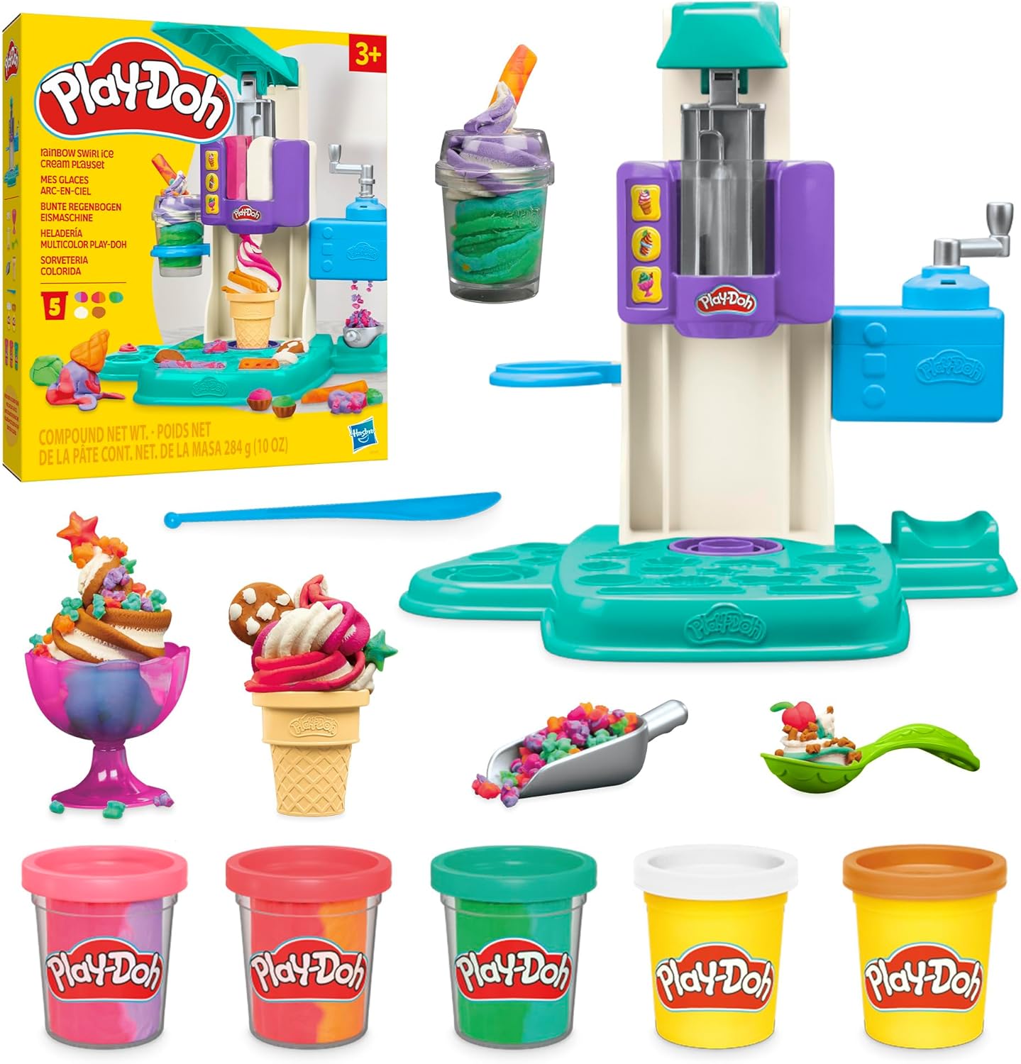 Play-Doh Rainbow Swirl Ice Cream Playset with 7 Pretend Play Kitchen Accessories, Arts and Crafts Toys for 3 Year Old Girls and Boys and Up