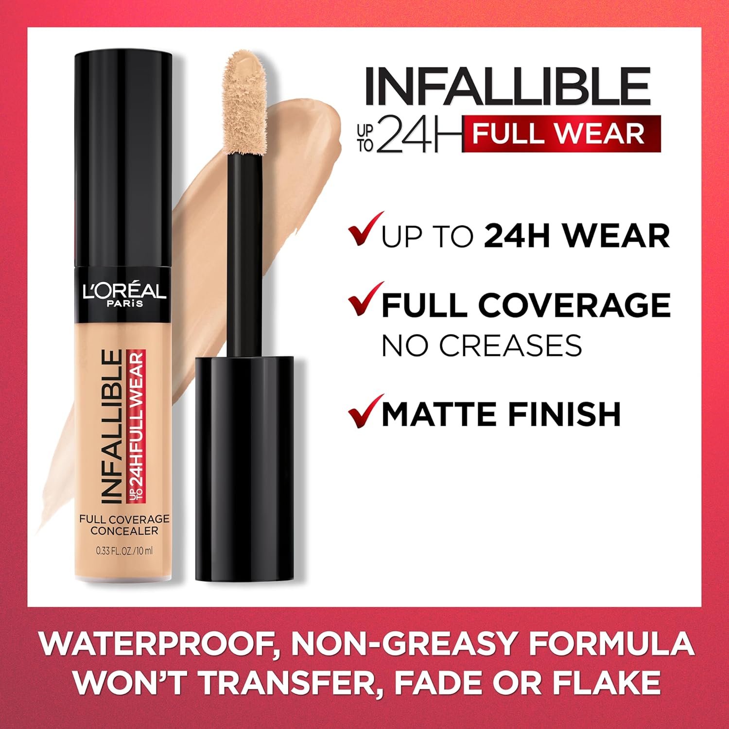 L'Oreal Paris Makeup Infallible Full Wear Waterproof Matte Concealer, Full Coverage, Bisque, 0.33 fl. oz.