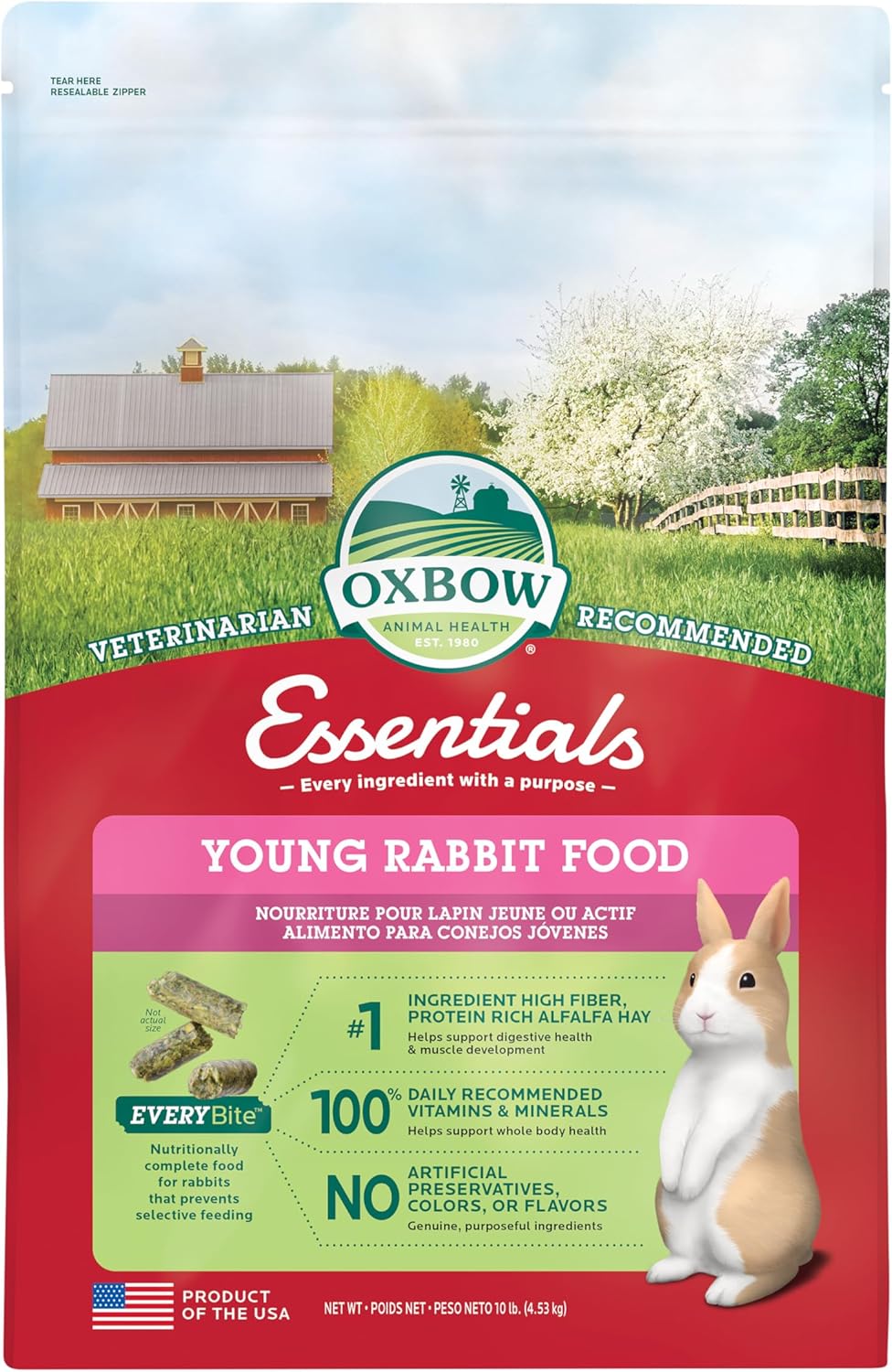 Oxbow Essentials Rabbit Food, Adult Rabbit, Made with Oxbow Timothy Hay, Pet Pellets with Vitamins & Minerals, Small Animal Pet Products, Bunny Supplies, Made in USA, Bunny Food, 5 lb
