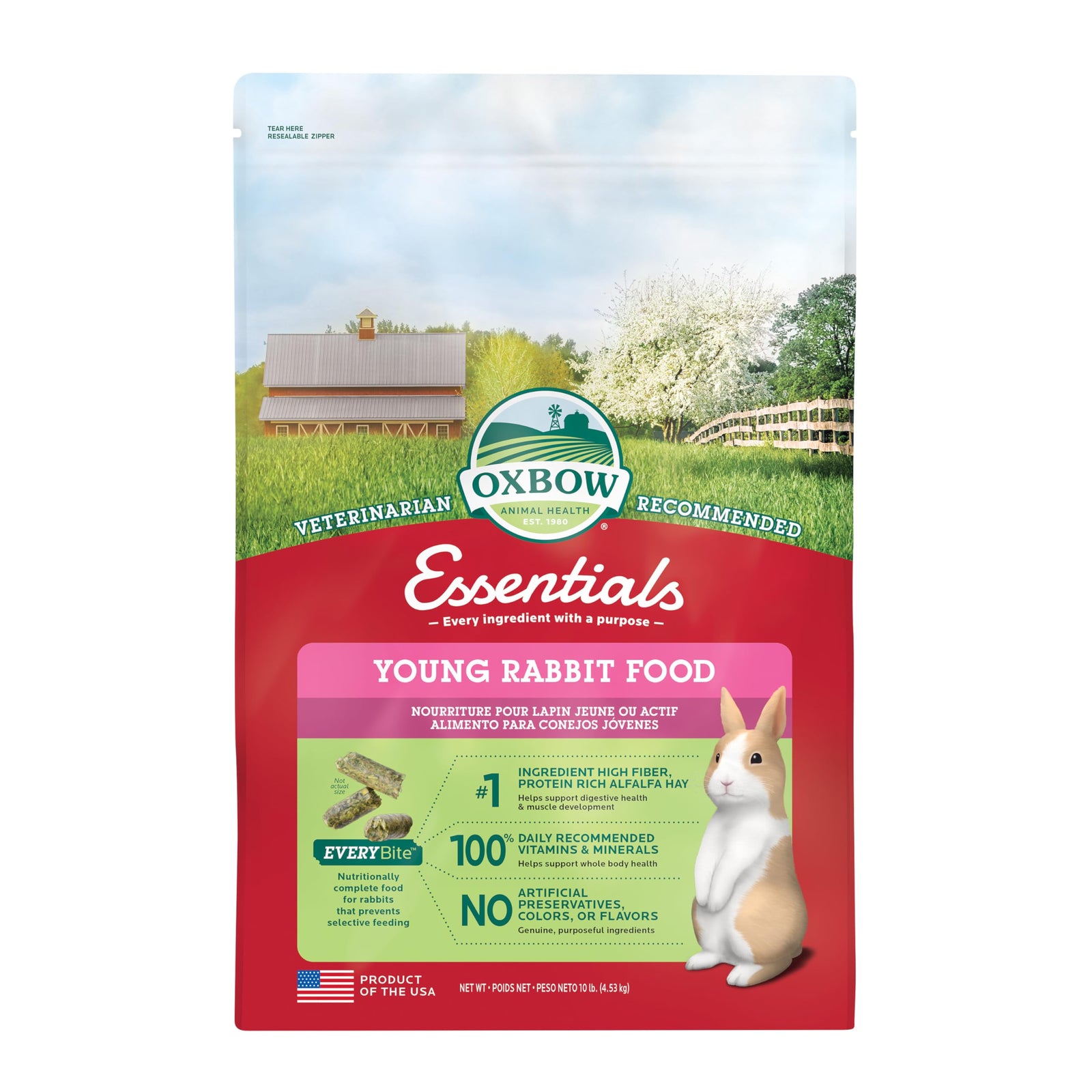 Oxbow Essentials Rabbit Food, Young Rabbit, Made with Oxbow Timothy, Pet Food Pellets for Bunnies, Small Animal Pet Products, Made in USA, High Fiber Bunny Supplies, 10 lb. bag