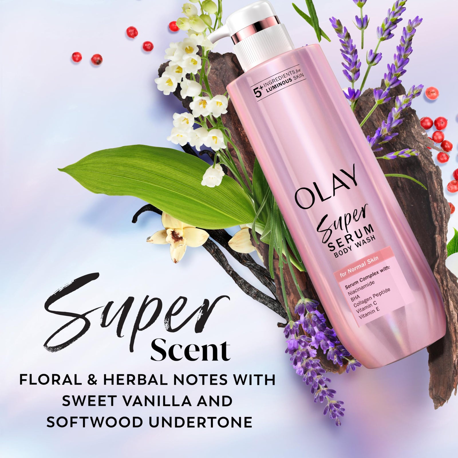 Olay Super Serum Body Wash for Normal Skin, 24hr Long Lasting Hydration, 5+ Ingredient Serum Complex for Bright Even Firm Luminous Skin, 18.5 fl oz