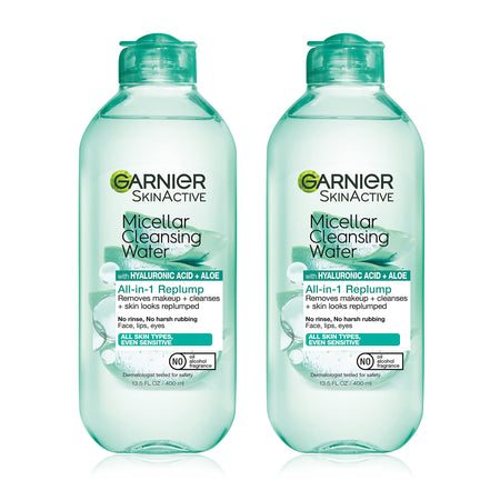 Garnier Micellar Water with Hyaluronic Acid, Facial Cleanser & Makeup Remover, Hydrating and Plumping, For All Skin Types, Vegan, Cruelty Free, 13.5 Fl Oz (400mL), 1 Count