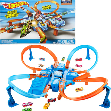 Hot Wheels Track Set with 1:64 Scale Toy Car, 4 Intersections for Crashing, Powered by a Motorized Booster, Criss-Cross Crash Track (Amazon Exclusive)