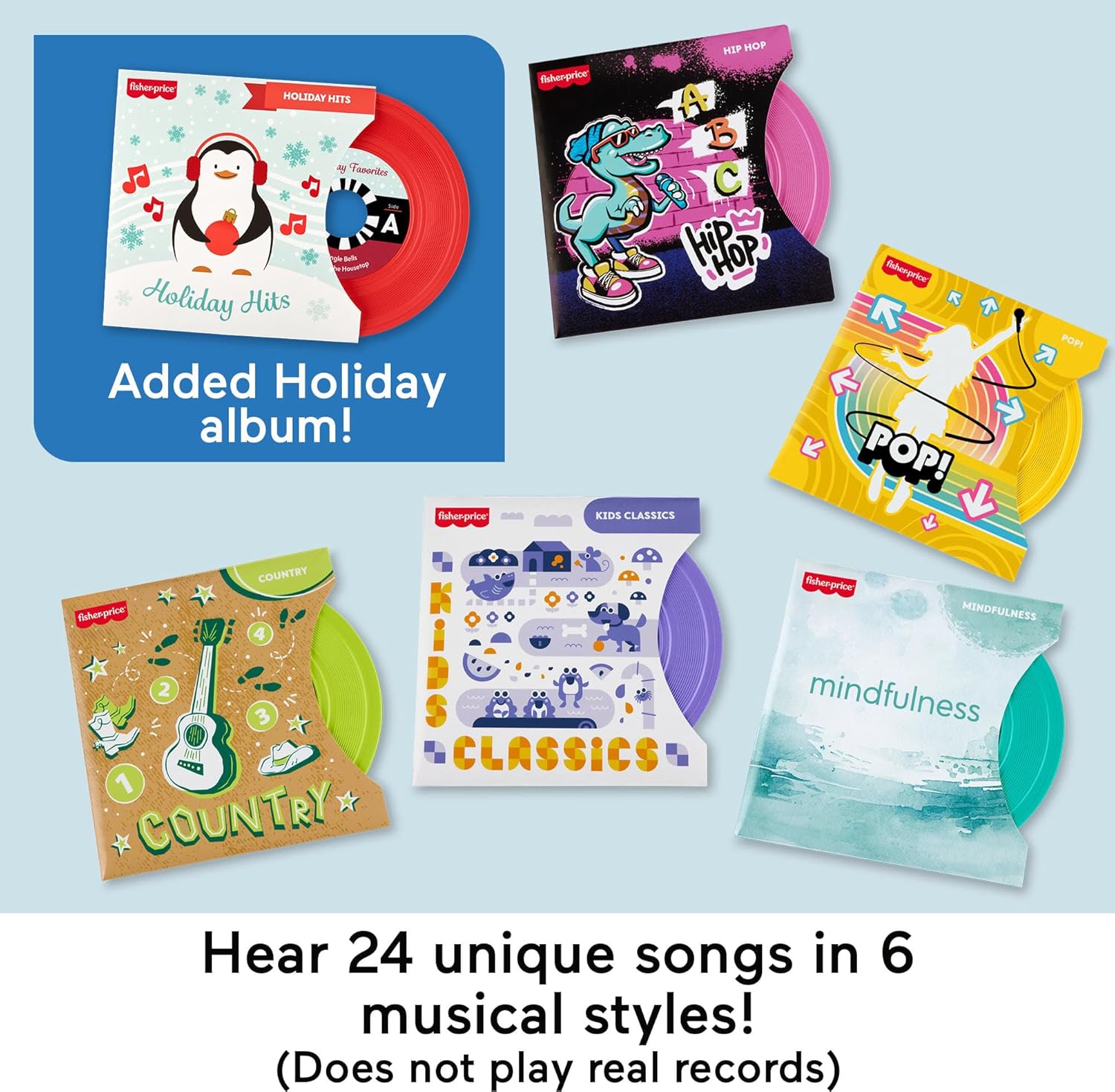 Fisher-Price Musical Toy Deluxe Rockin’ Record Player Pretend Turntable with 6 Albums for Preschool Play Plus Bonus Exclusive Holiday Album Kids Ages 3+ Years (Amazon Exclusive)