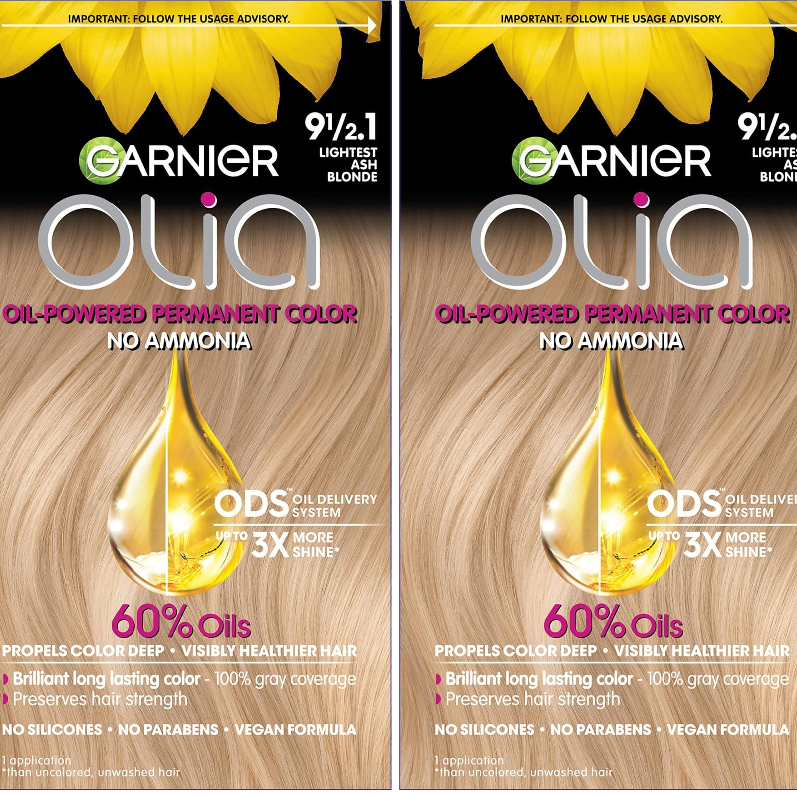 Garnier Hair Color Olia Ammonia-Free Brilliant Color Oil-Rich Permanent Hair Dye, 9 1/2.1 Lightest Ash Blonde, 1 Count (Packaging May Vary)