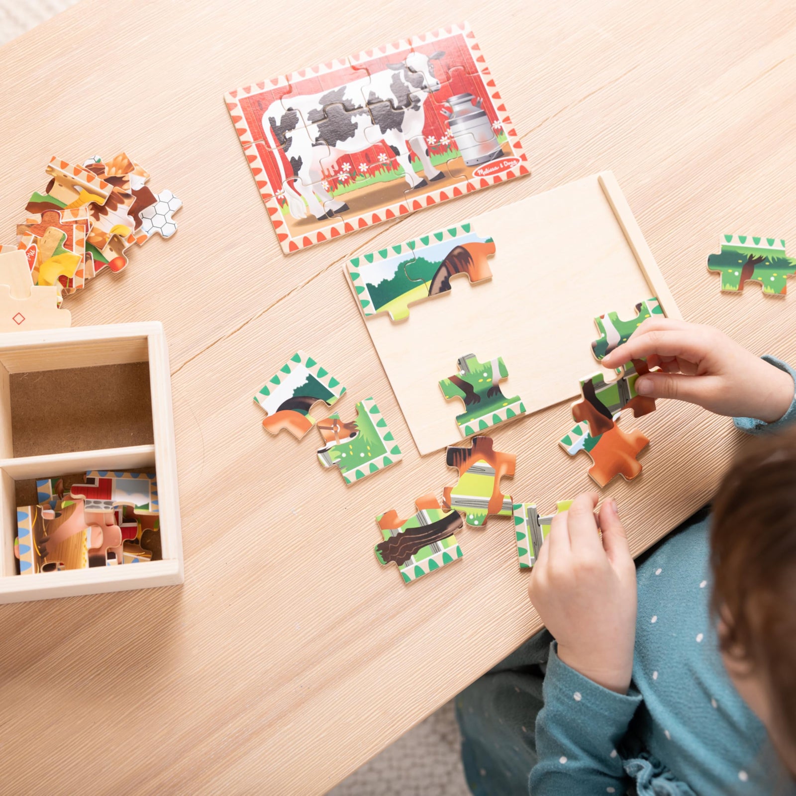 Melissa & Doug 4‑in‑1 Wooden Construction Vehicles Jigsaw Puzzle Set, 48 Pieces with Storage Box, Toddler Puzzle Toy for Kids Ages 3+ - FSC Certified