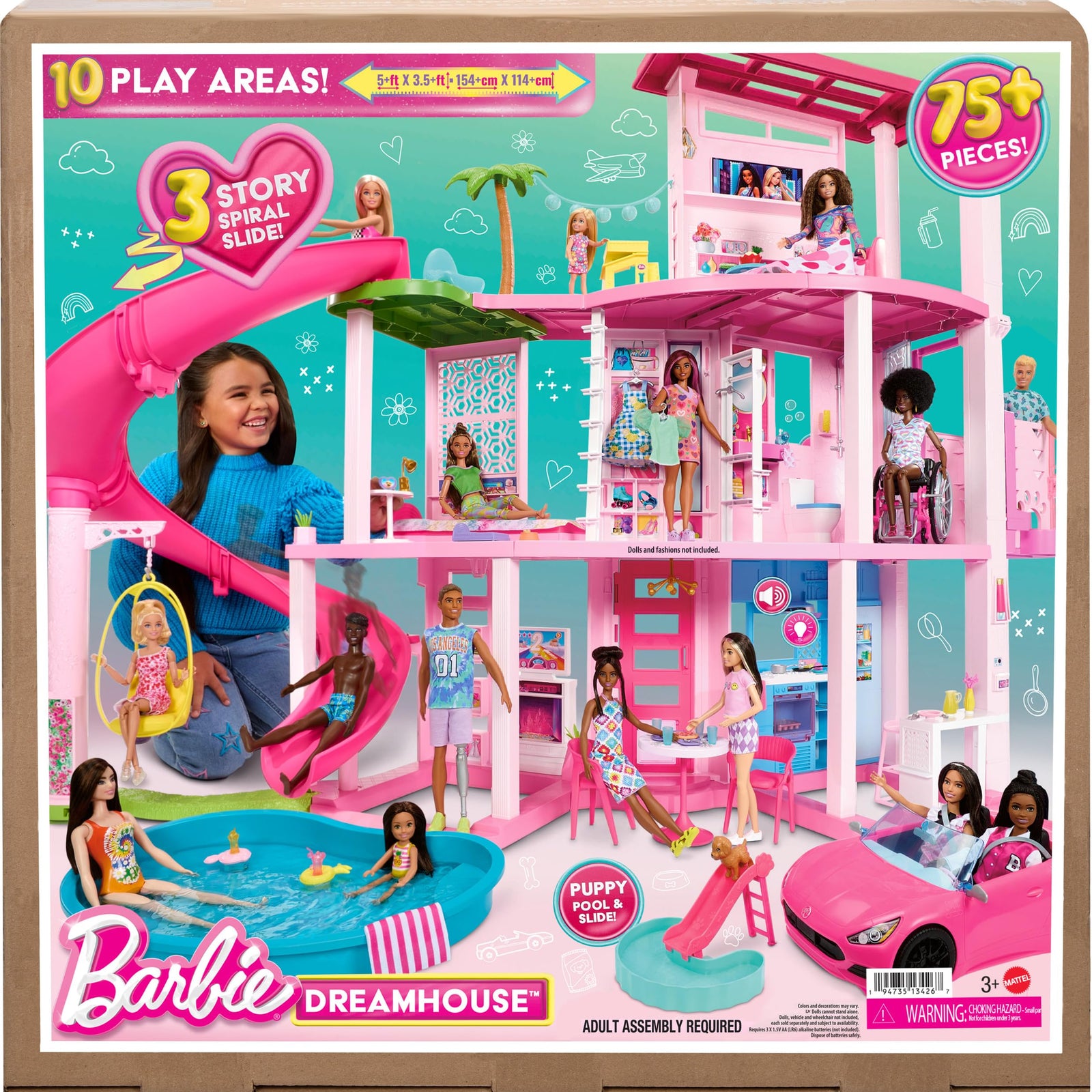 Barbie Dreamhouse, Pool Party Doll House with 75+ Pieces and 3-Story Slide, House Playset, Pet Elevator and Puppy Play Areas