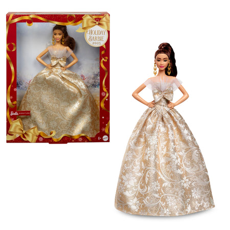 Barbie Signature 2025 Holiday Light Brown Hair Fashion Doll Wearing Silver & Gold Gown, Seasonal Collector in Displayable Packaging & Stand