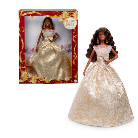 Barbie Signature 2025 Holiday Dark Brown Hair Fashion Doll Wearing Silver & Gold Gown, Seasonal Collector in Displayable Packaging & Stand