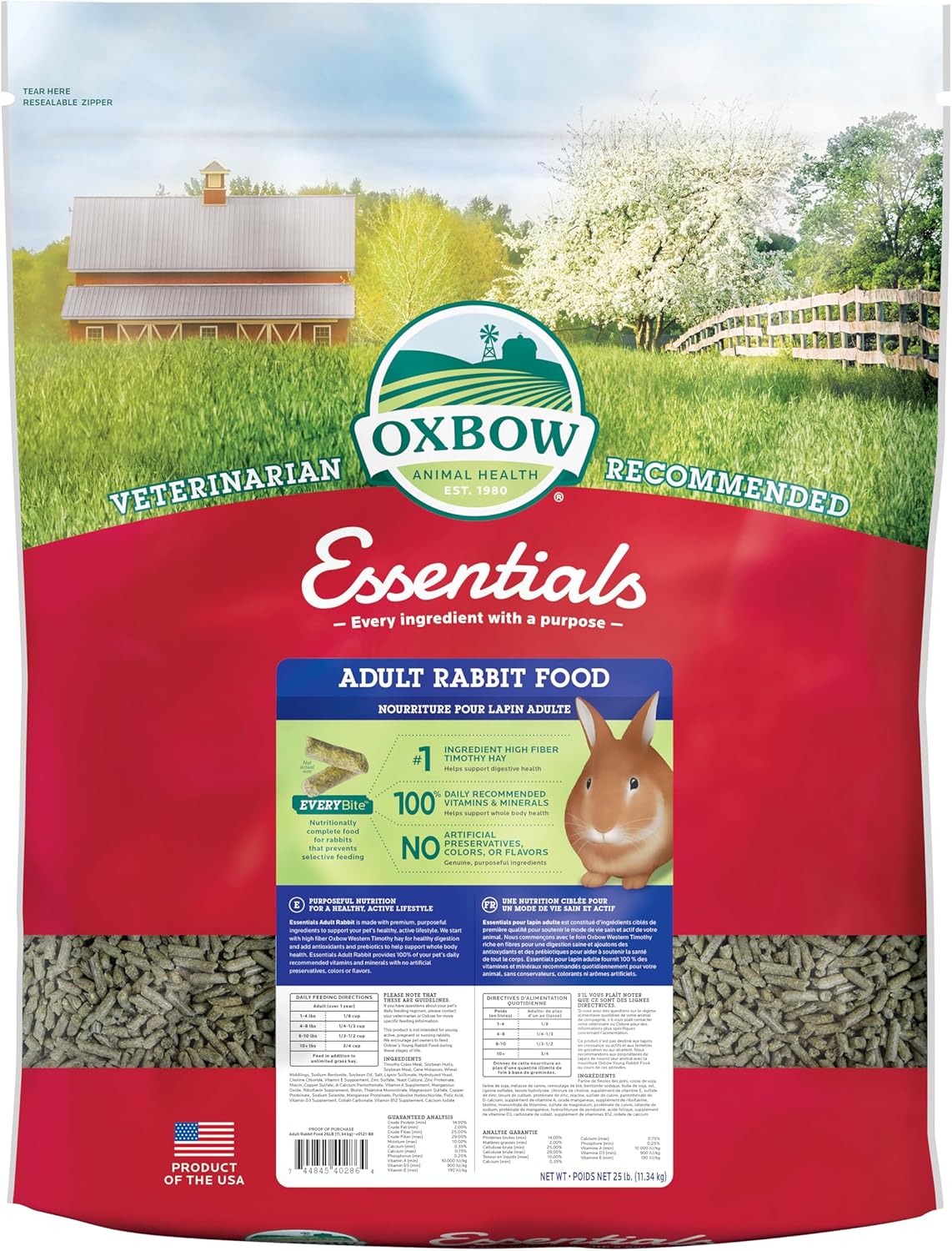 Oxbow Essentials Rabbit Food, Adult Rabbit, Made with Oxbow Timothy Hay, Pet Pellets with Vitamins & Minerals, Small Animal Pet Products, Bunny Supplies, Made in USA, Bunny Food, 5 lb
